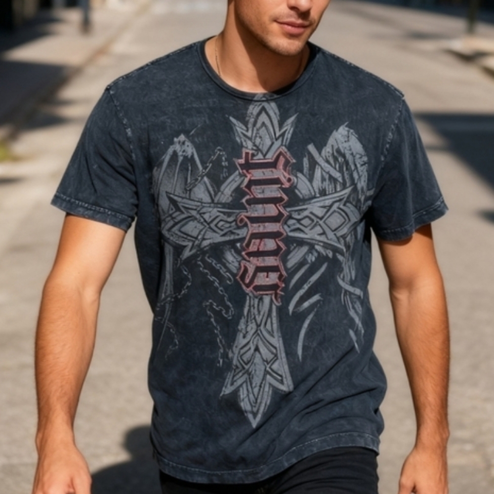 Red Chapter Size L Men's Black Graphic T-Shirt with Cross Design